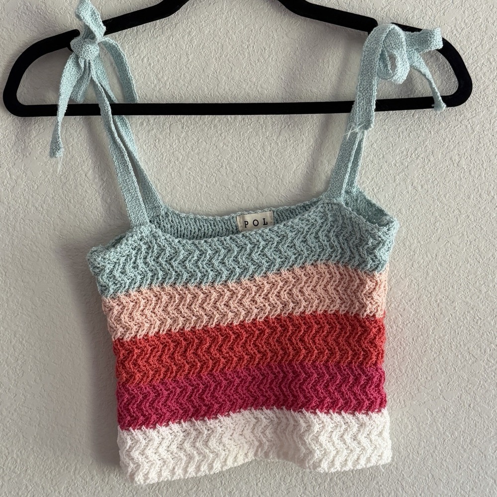 POL Women's  Crochet Tie Shoulder Crop Tank Top Boho Festival One Small